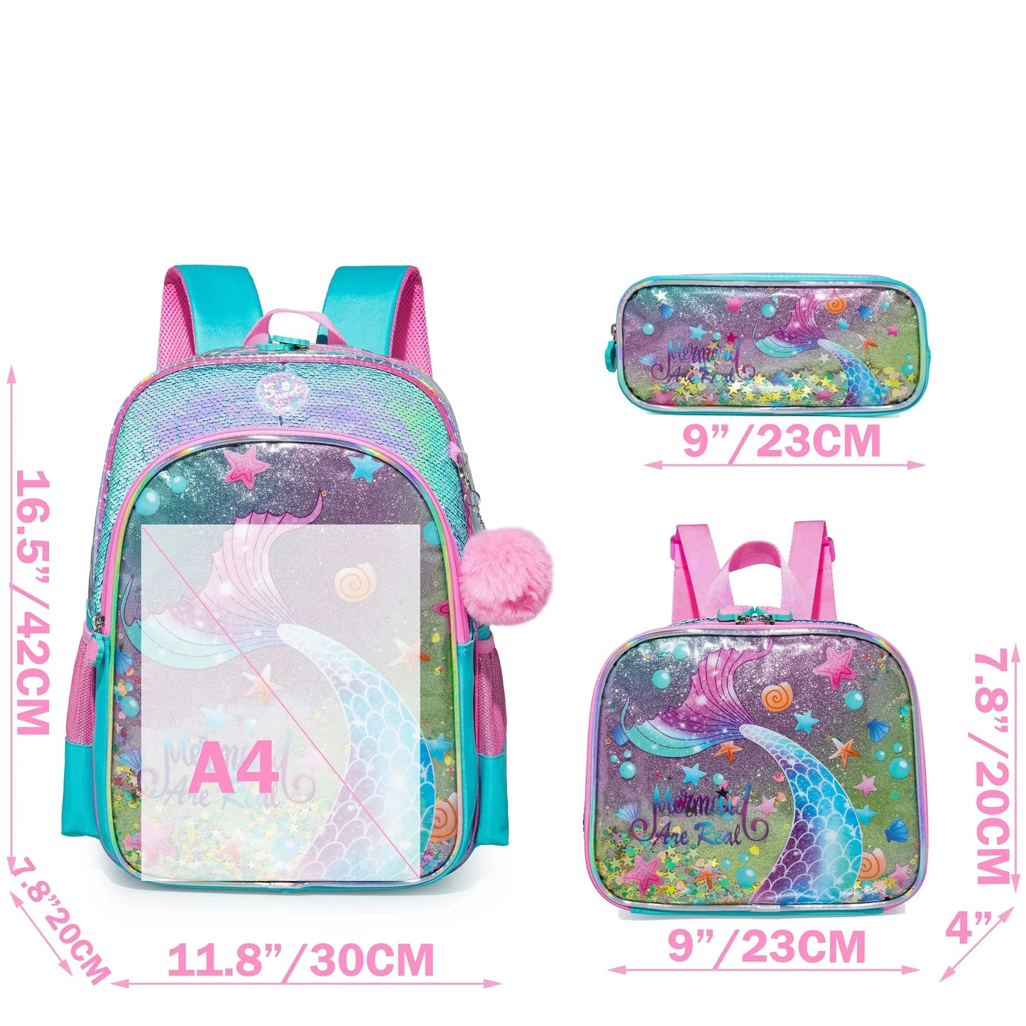 mochila escolar de sereia com estojo e lancheira conjunto