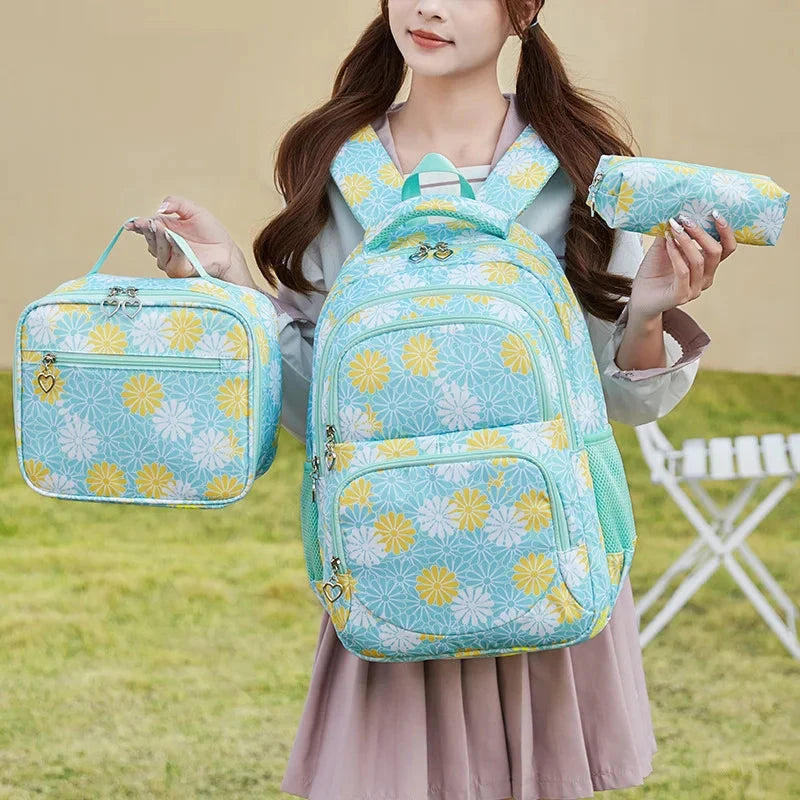 Mochila Escolar Estojo e Lancheira Flores