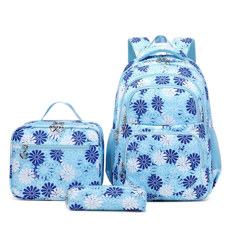 Mochila Escola Estojo e Lancheira com Flores