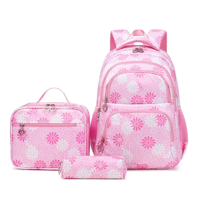 Mochila Escolar Estojo e Lancheira com Flores rosa