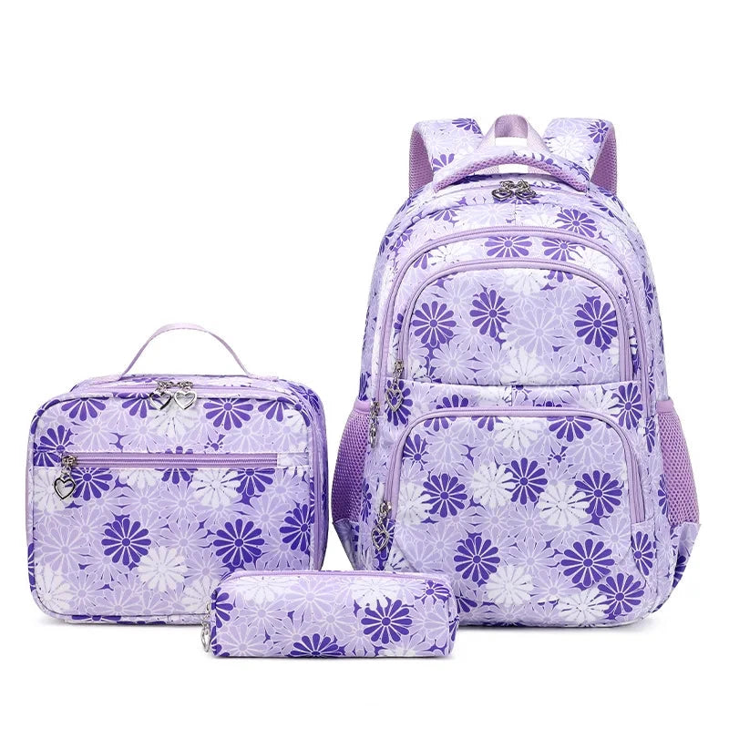 Mochila Escolar Estojo e Lancheira com Flores conjunto