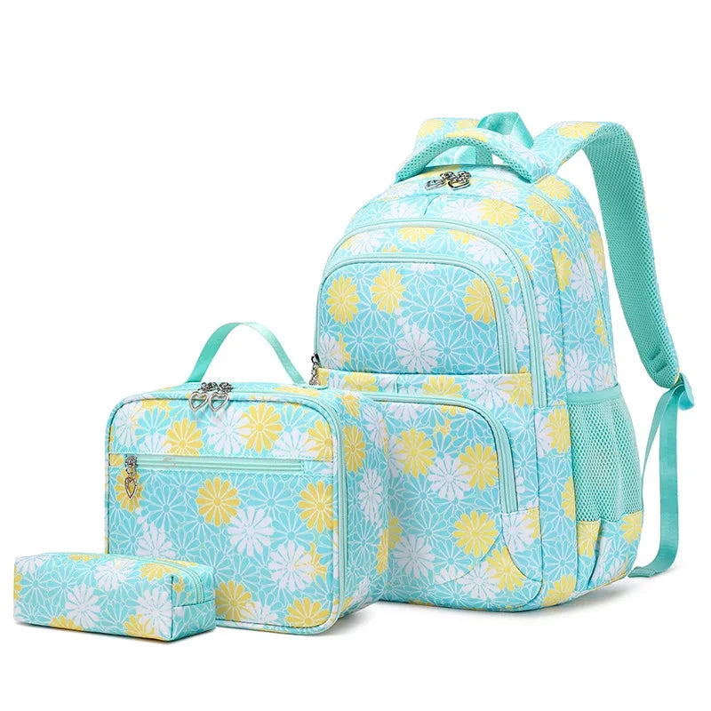 Mochila feminina Escolar Estojo e Lancheira com Flores