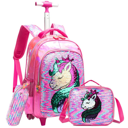 mochila trolley estojo e lancheira unicornio escolar