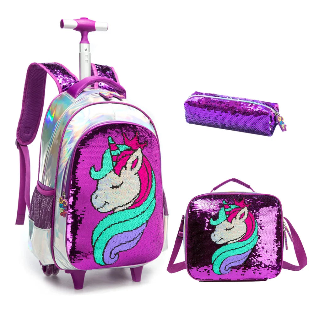 mochila trolley estojo e lancheira unicornio