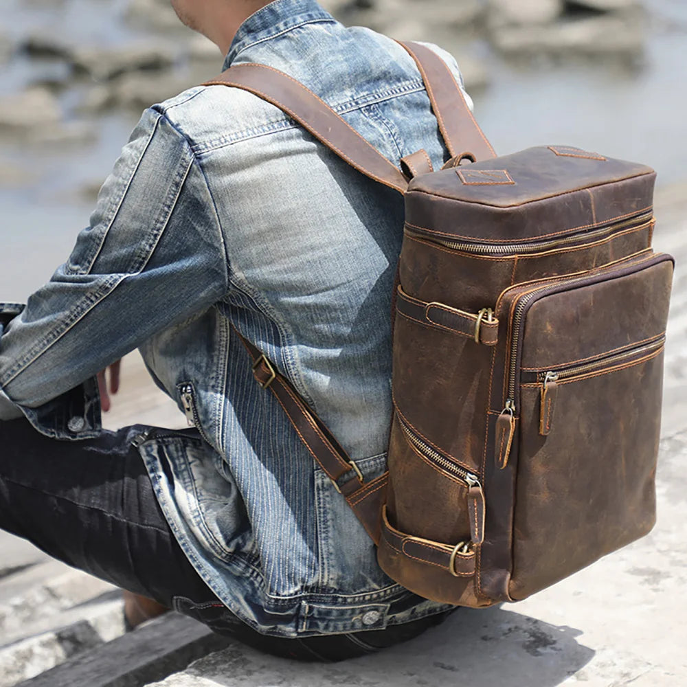 Mochila de Pele Castanha para Homem Vintage