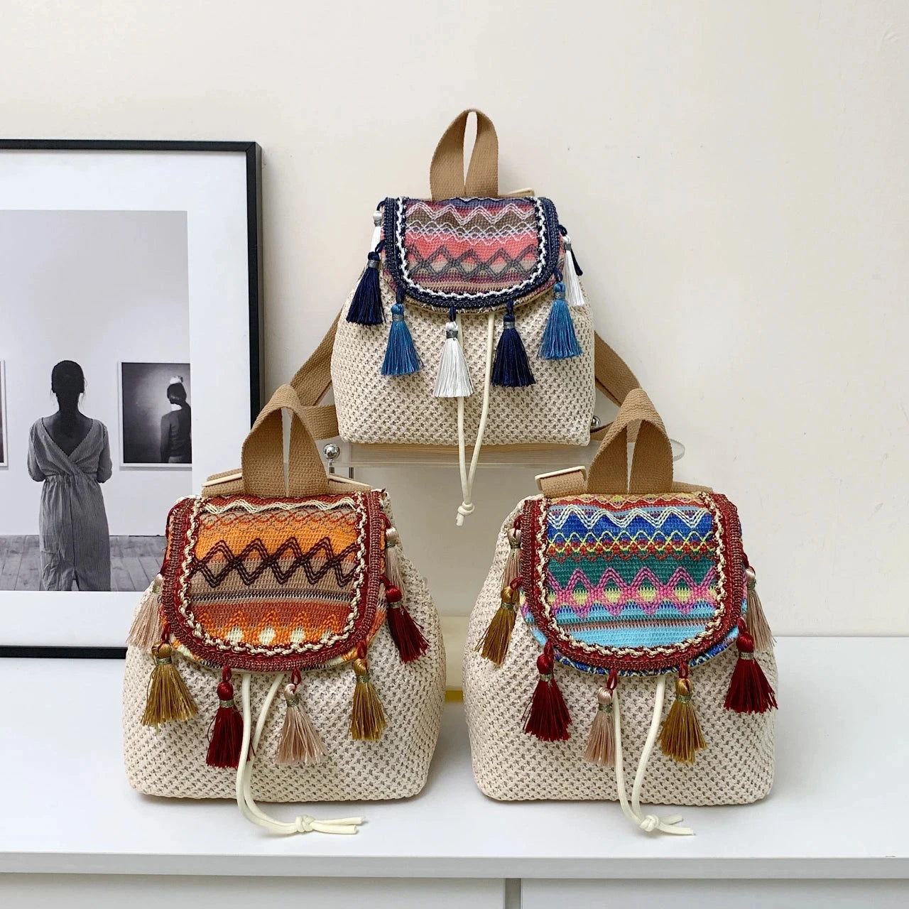 mini mochilas boho com franjas