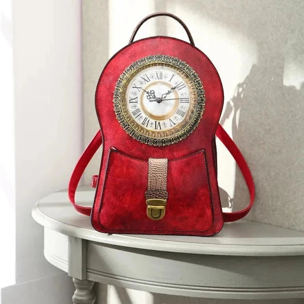mochila com relogio feminina vintage vermelha