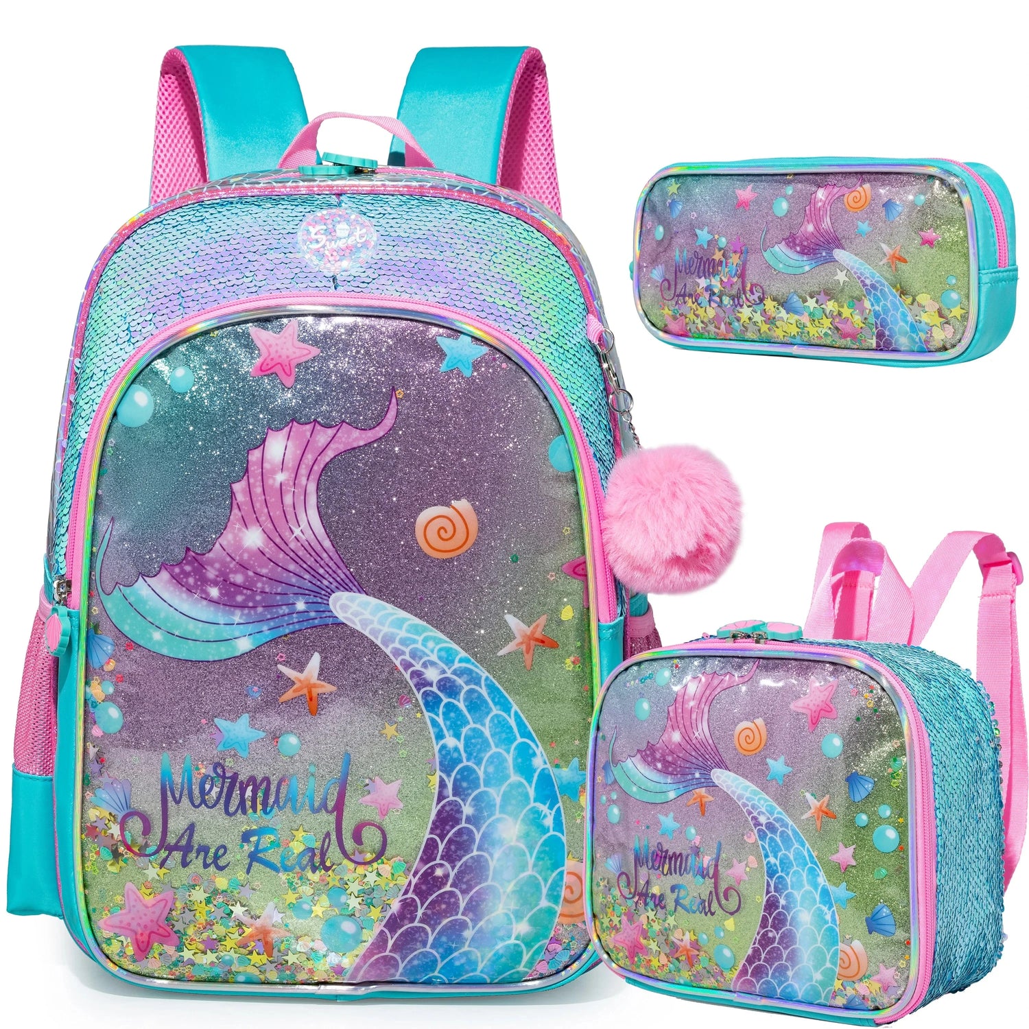 mochila escolar de sereia com estojo e lancheira