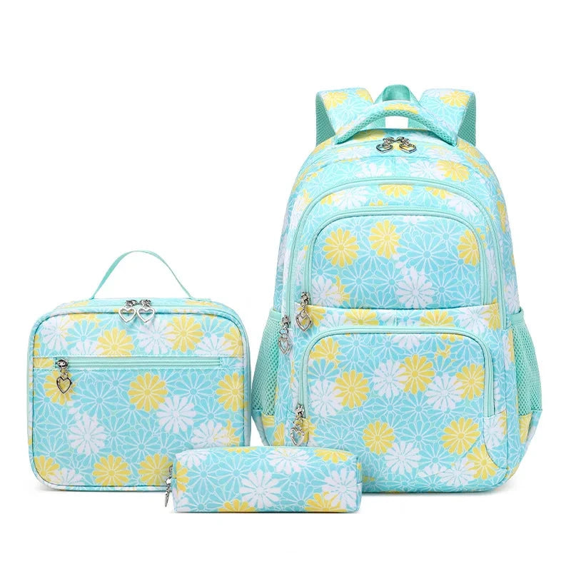 Mochila Escolar Estojo e Lancheira com Flores