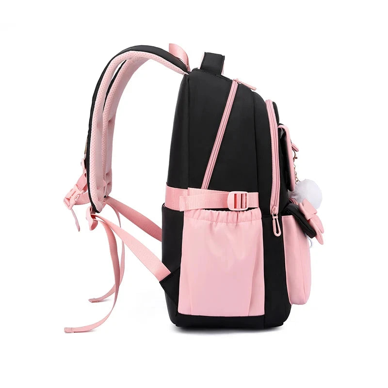 Mochila para Menina com Laço e Pompom Escolar