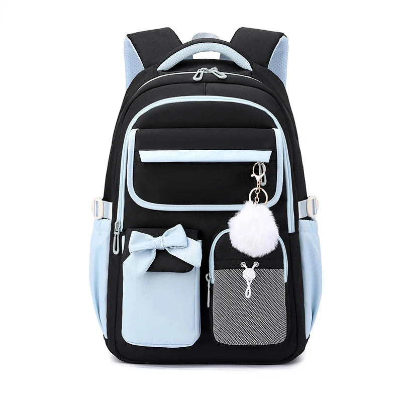 Mochila para Rapariga com Laço e Pompom Azul e Preta